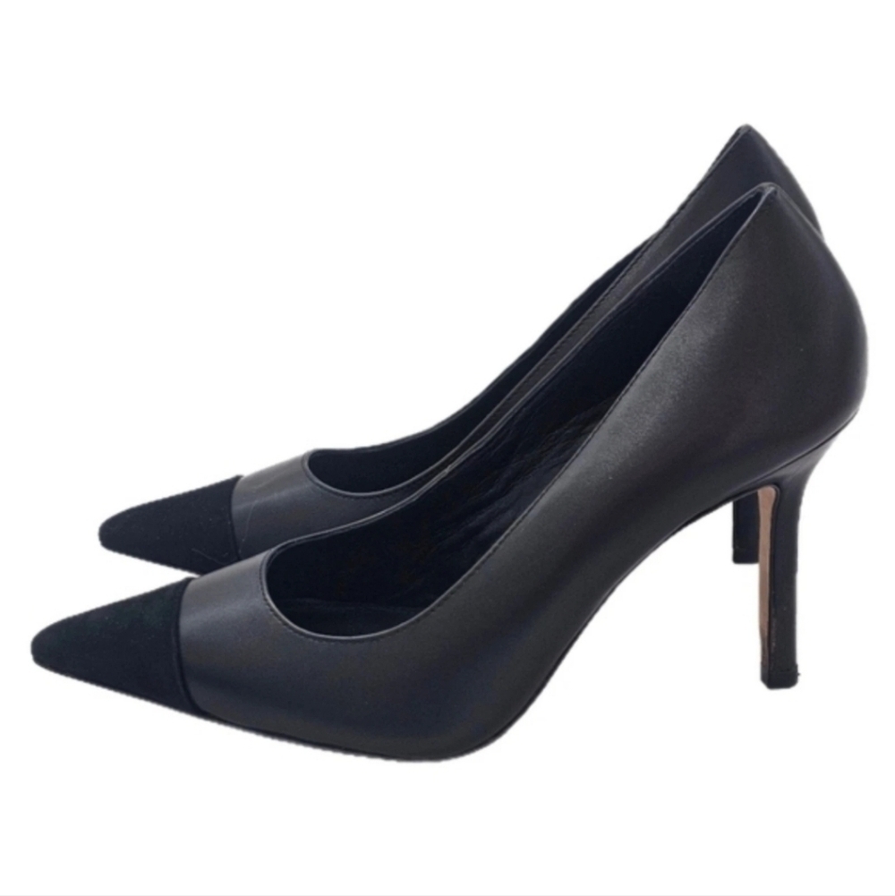 PAIGE Silva Pointed Cap-Toe Pump Black Leather Suede Heel Size 6.5